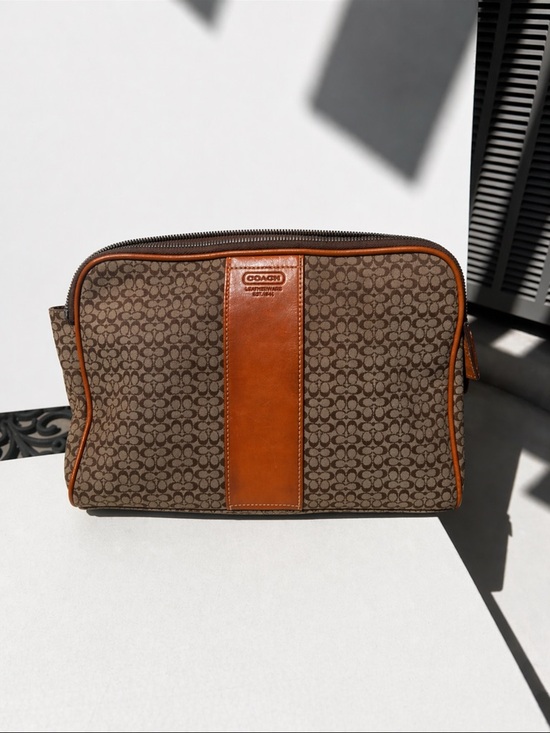 Coach Handbags - Coach Brown Signature Canvas makeup Pouch with Tan Leather Trim large